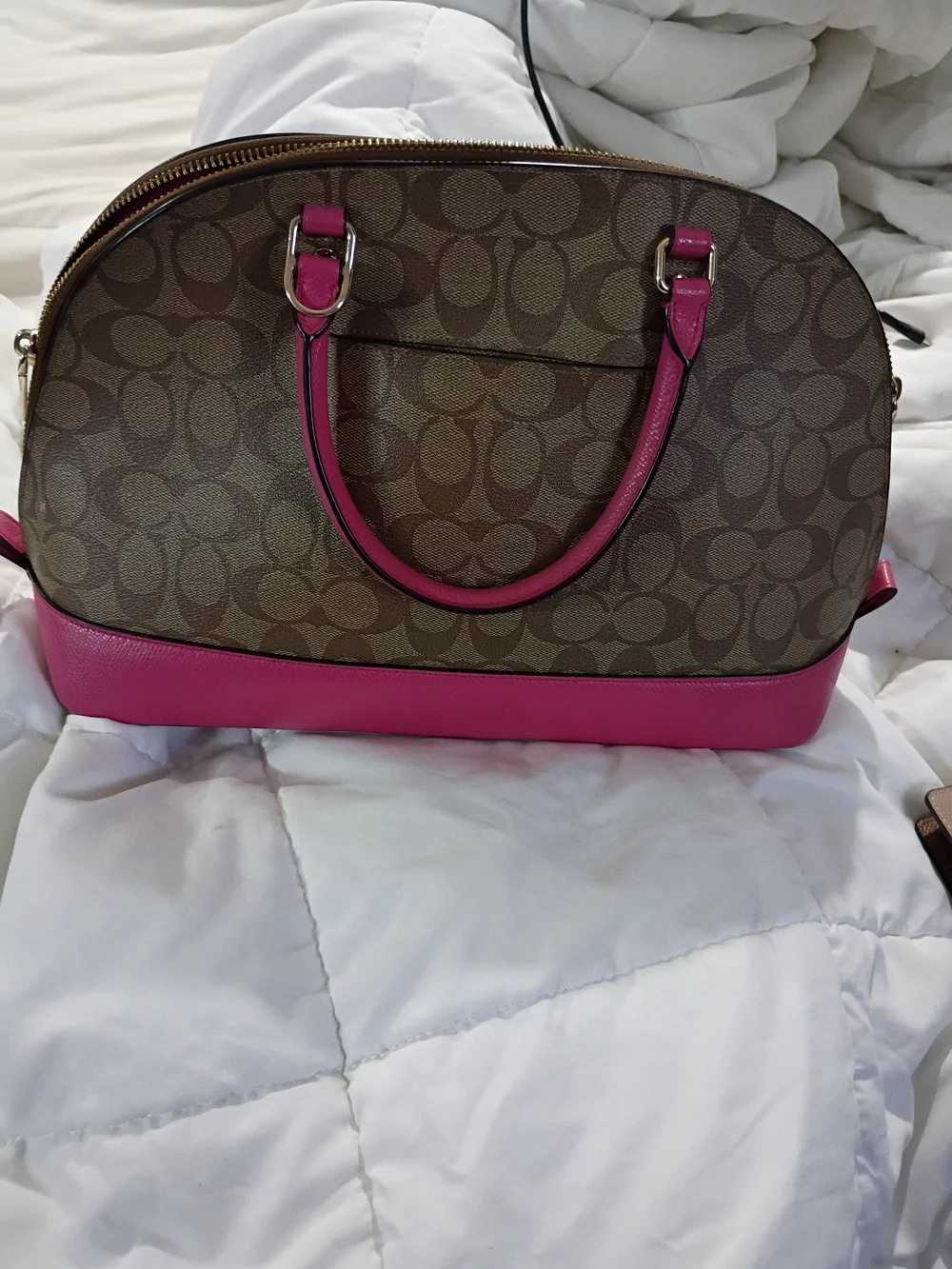 Coach Brown Signature Satchel with Pink Trim